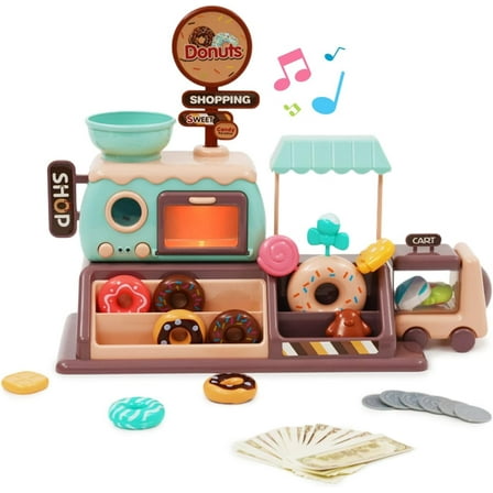 CEDQ Pretend Play Calculator, Cash Register Toy with Sound,with Donut Maker, Fake Donuts, Sweets, and Oven, Classic Food Counting Toy, Preschool Gift for Kids