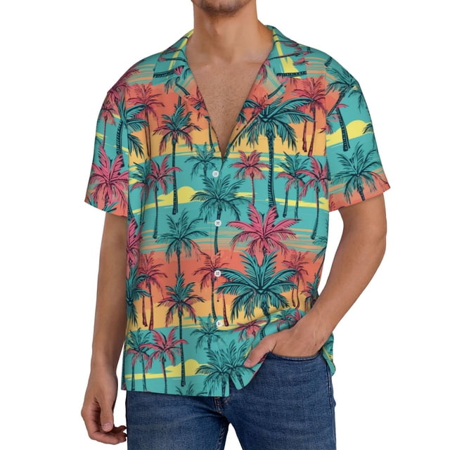 Fotbe Hawaii Palms Camisa Estampada de Manga Corta para Hombre, Casual de Verano, Estilo Playero, Sin Arrugas-Large