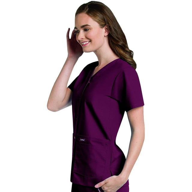 Landau Essentials Haut à Boutons-Pression pour Femmes, Coupe Classique Décontractée, Col en V, 4 Poches