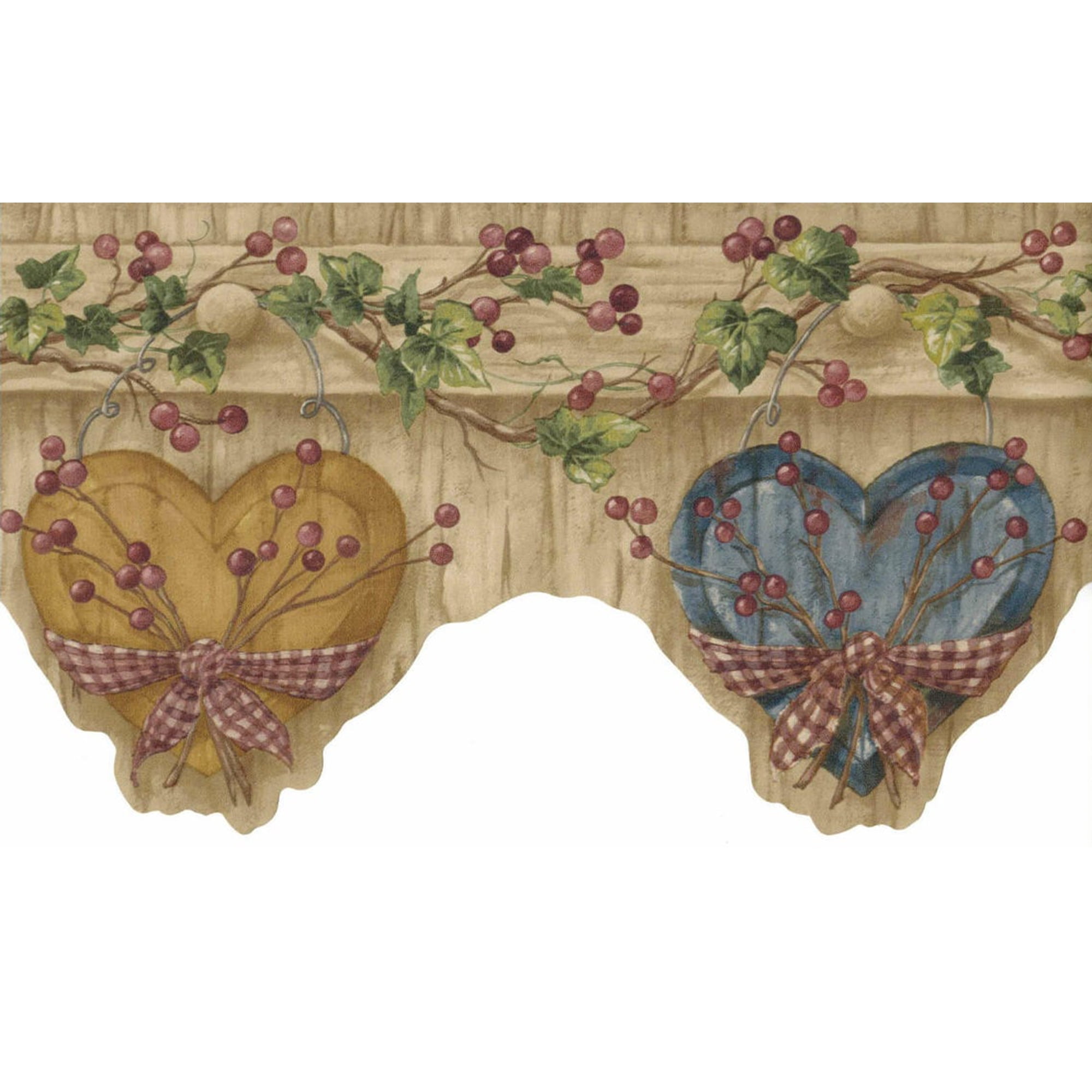 Country Hearts Berries Ivy Vines on Rustic Wood Brown Scalloped Border, Pre-pasted 15 FT. x 6.6 IN