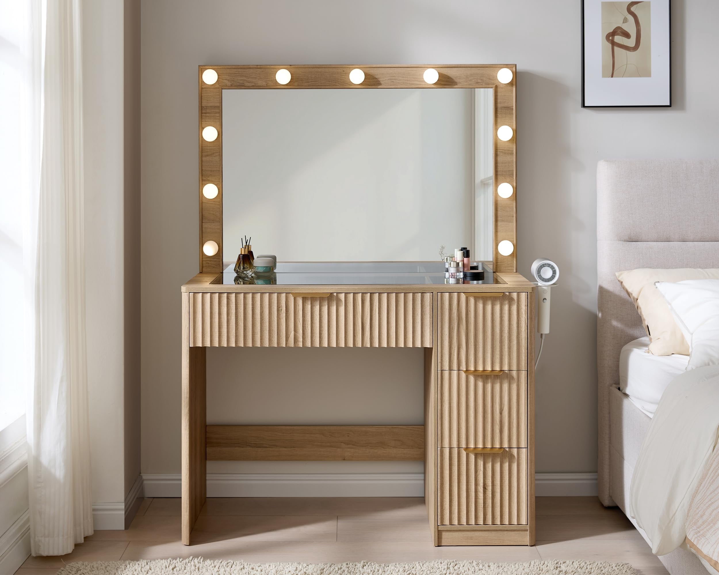 Merluxy 36.2" Girls Vanity Desk with Large Mirror and LED Lights, 4 Drawers Makeup Table with Glass Top and Charging Station for Women and Girls, Oak