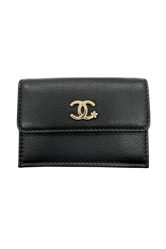 Pre-Owned CHANEL Lucky Flower Small Flap Wallet Tri-fold Goatskin Black A81651 Women's