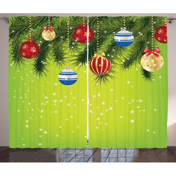 Christmas Curtains 2 Panels Set, Hanging Ornaments Branches New Year Celebration Party Magical
