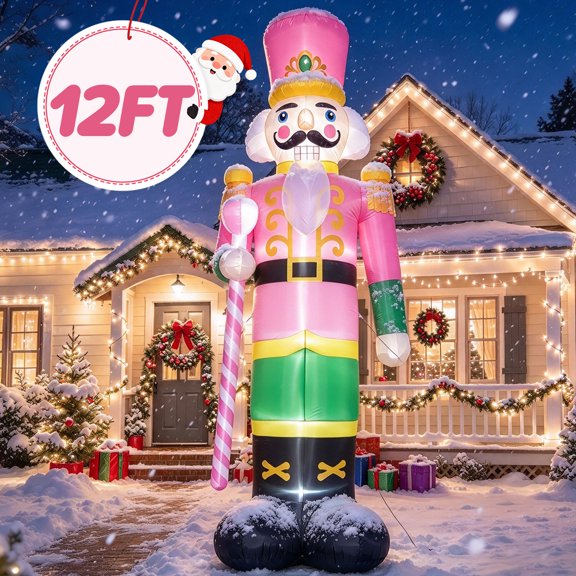 BSHAPPLUS® 12FT Pink Inflatable Nutcracker Christmas Yard Decoration, Built-in LED Light Up Blow up Soldier with Candy Cane Staff, Giant Outdoor Holiday Inflatable for Lawn Porch Xmas Party Decor