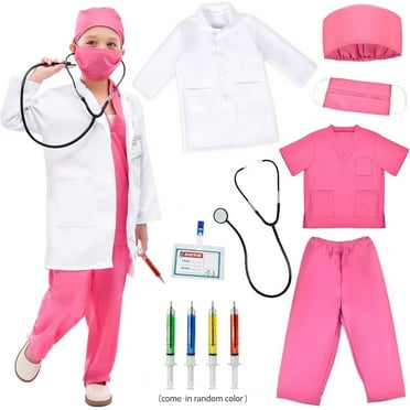 Doctor Costume for Kids, Pink Doctor Costume with Lab Coat Halloween Party Dress Up for Girls Age 8-12 Years