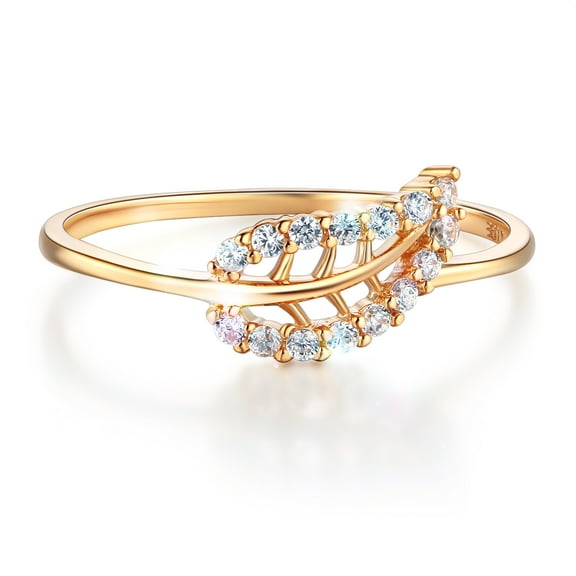 Wellingsale Ladies Solid 14k Yellow Gold Polished CZ Cubic Zirconia Leaf Right Hand Fashion Ring - Size 4
