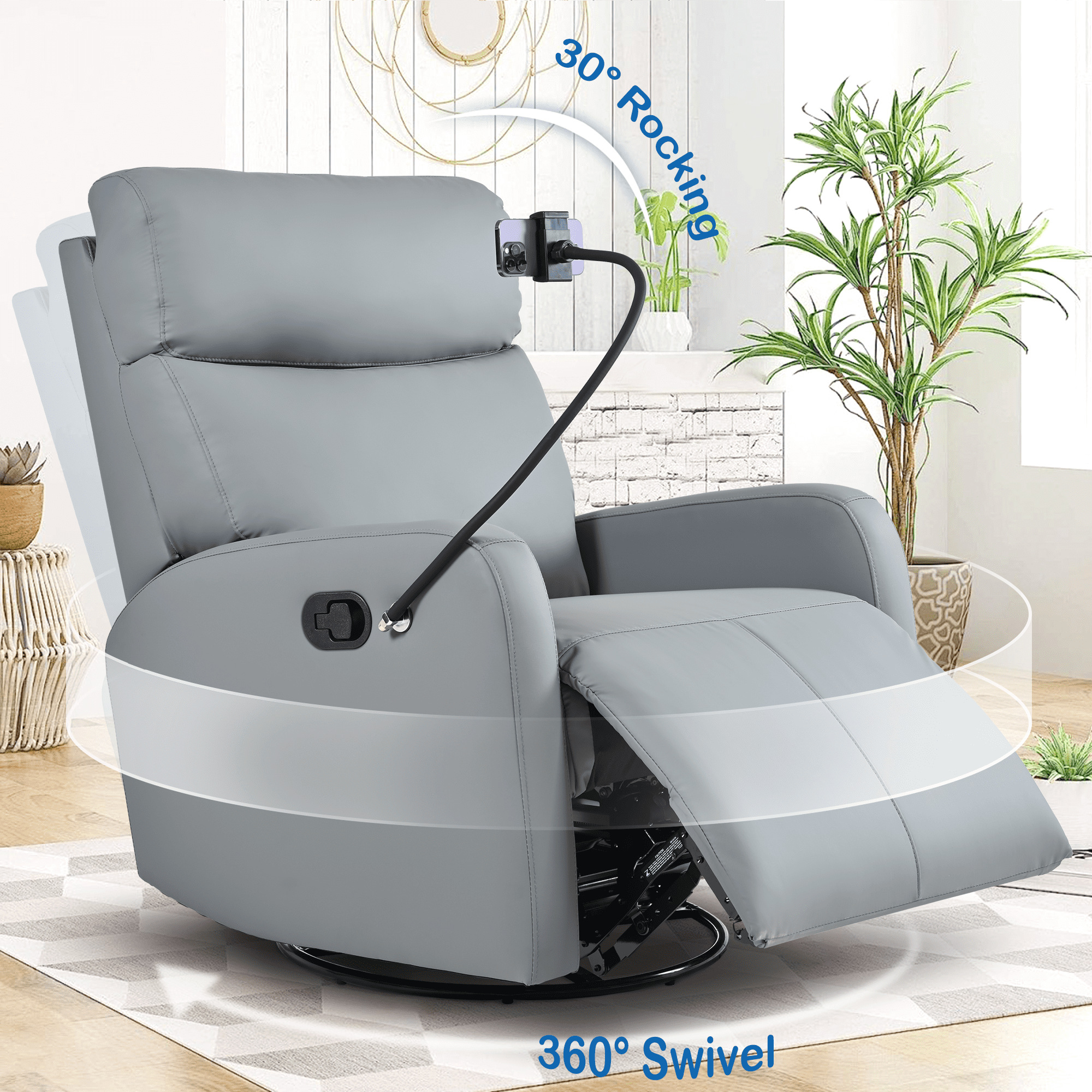 Dinosisco Swivel Recliner with Phone Holder, Faux Leather Glider Rocker, Home Theater Seat, Blue Gray