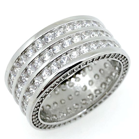 .925 Silver Triple Row CZ Eternity Band Bling Bling Ring in Rhodium