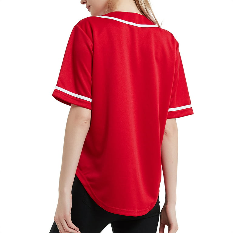 Toptie Men's Baseball Jersey Plain Button Down Shirts Team Sports  Uniforms-Red White-2XL
