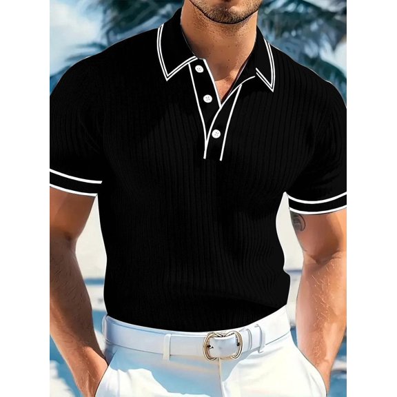 Men's Ribbed Knit Polo Shirt, Short Sleeve Fitted Top with Contrast Piping and V Placket