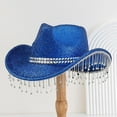 thumbnail image 3 of Rhinestone Cowboy Hat, Comdrip Men's and Women's Hats with Sequins and Pendants Tassels Fashionable Cowboy Hats Music and Dance Elegant Hats Cowgirl Hats Women Blue One Size, 3 of 7