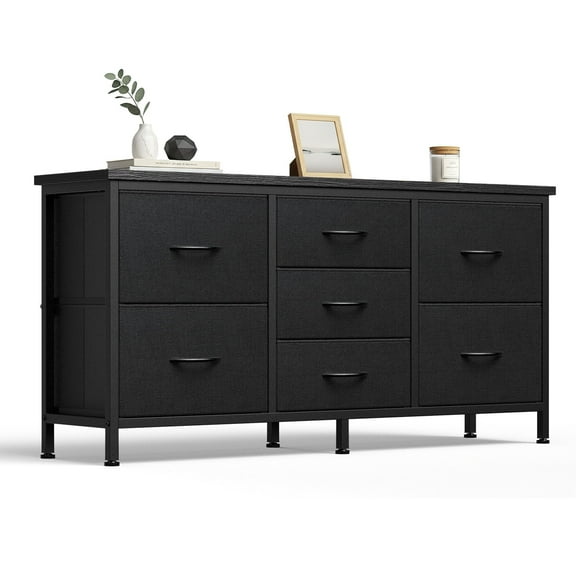 MCQ 7-Drawer Fabric Dresser for Adults, 47-inch TV Stand for Most 43 to 55 inch TVs, Wide Storage Chest with Metal Frame, Black
