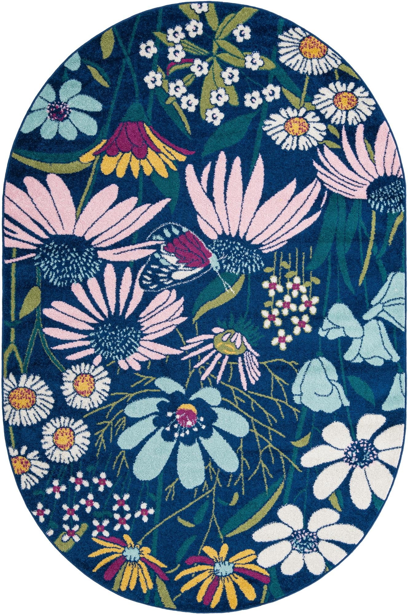 Bloom Collection Rug 6' x 9' Oval Navy Blue MediumPile Rug