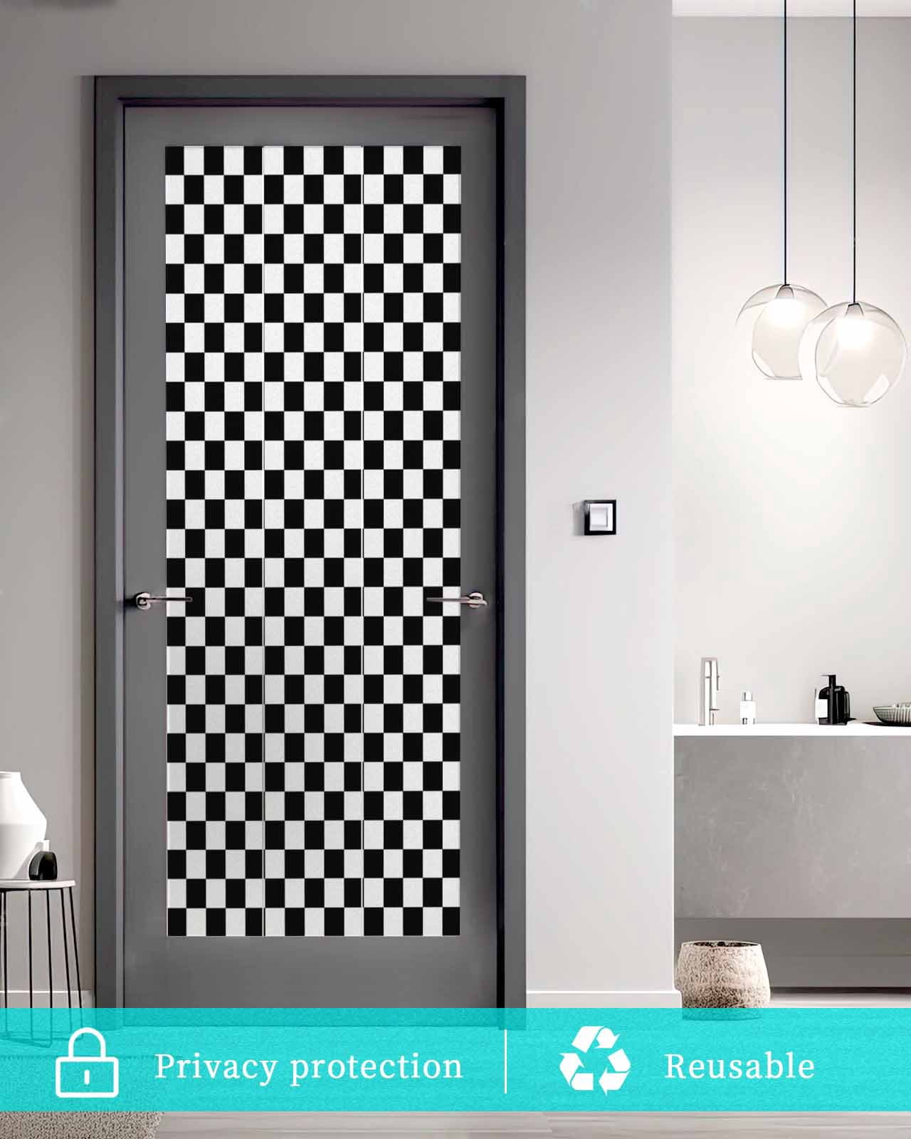 Window Privacy Film Black White Plaid Stained Glass Window Film Decorative Sun Block Window Cover Modern Buffalo Check Gingham Art Window Clings Static Adhesive Sticker for Bathroom 19.6"x39.3"