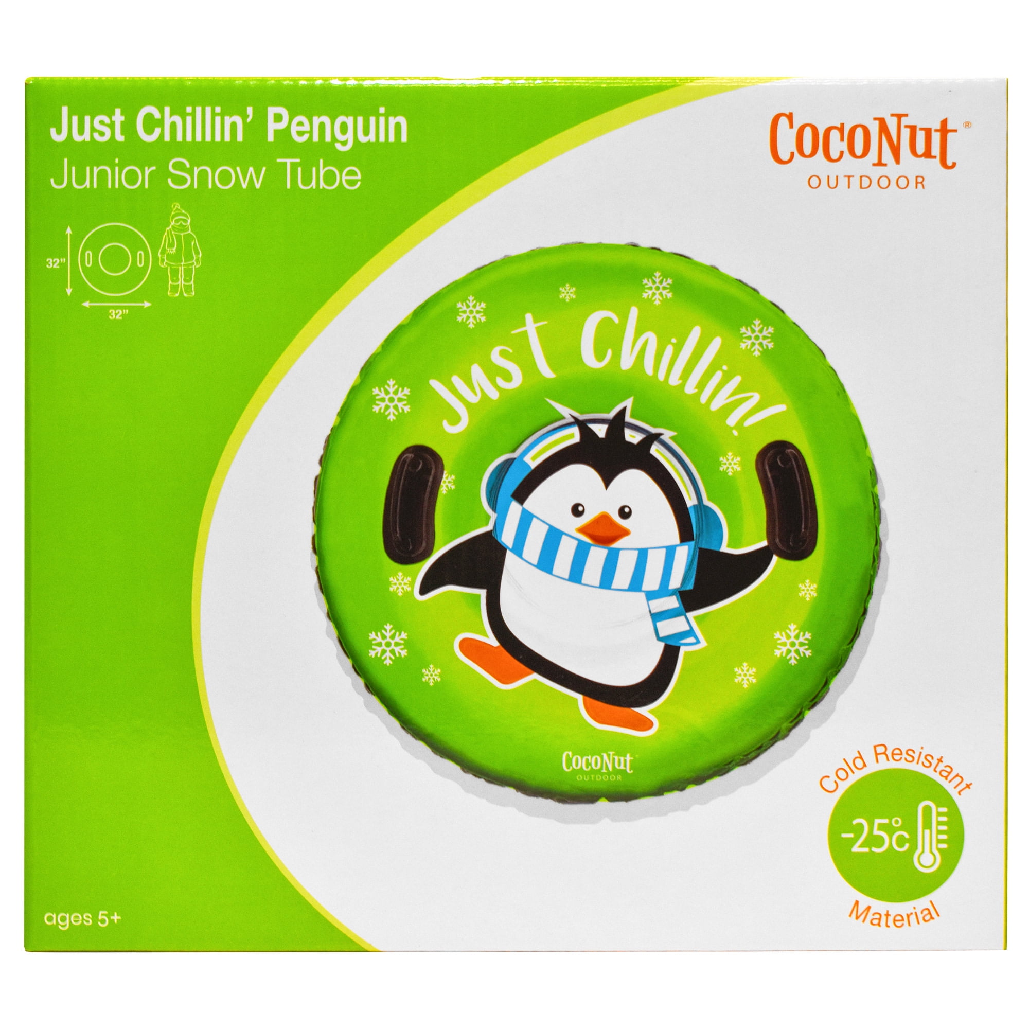 CocoNut Outdoor: Just Chillin Green Penguin -32" Inflatable Penguin Junior Snow Tube - Heavy Duty Snow Sled with Sturdy Handles for Kids, Lightweight Snow Tube for Boys and Girls, Kids 5+
