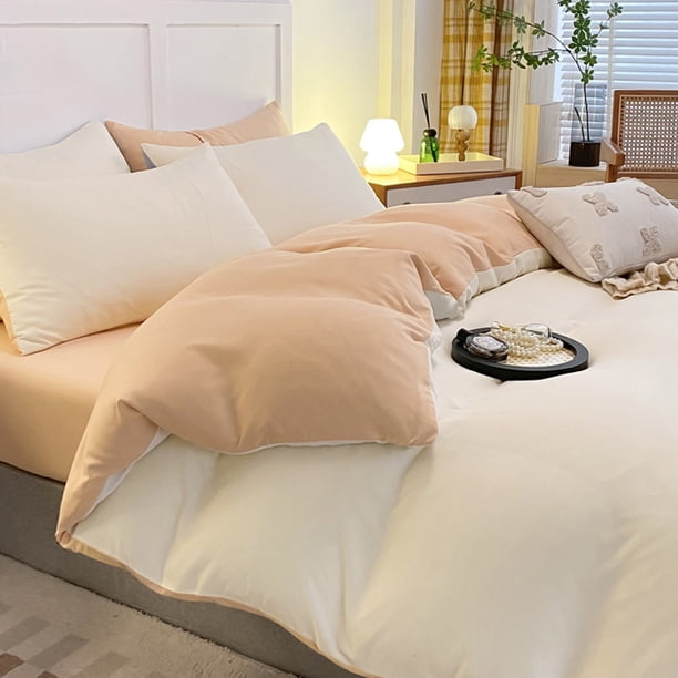 Juego de cama de 4 piezas de algodón lavado, color té con leche, 180x220 cm. Sábanas suaves y transpirables para mayor comodidad en dormitorios Rkxzt