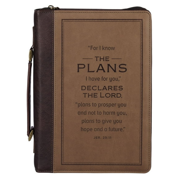 Christian Art Gifts Premium Vegan Leather Inspirational Bible Cover for Men & Women: I Know The Plans Encouraging Bible Verse, Easy Carry Zippered Case, Pen Loops, Pockets, Brown, Large