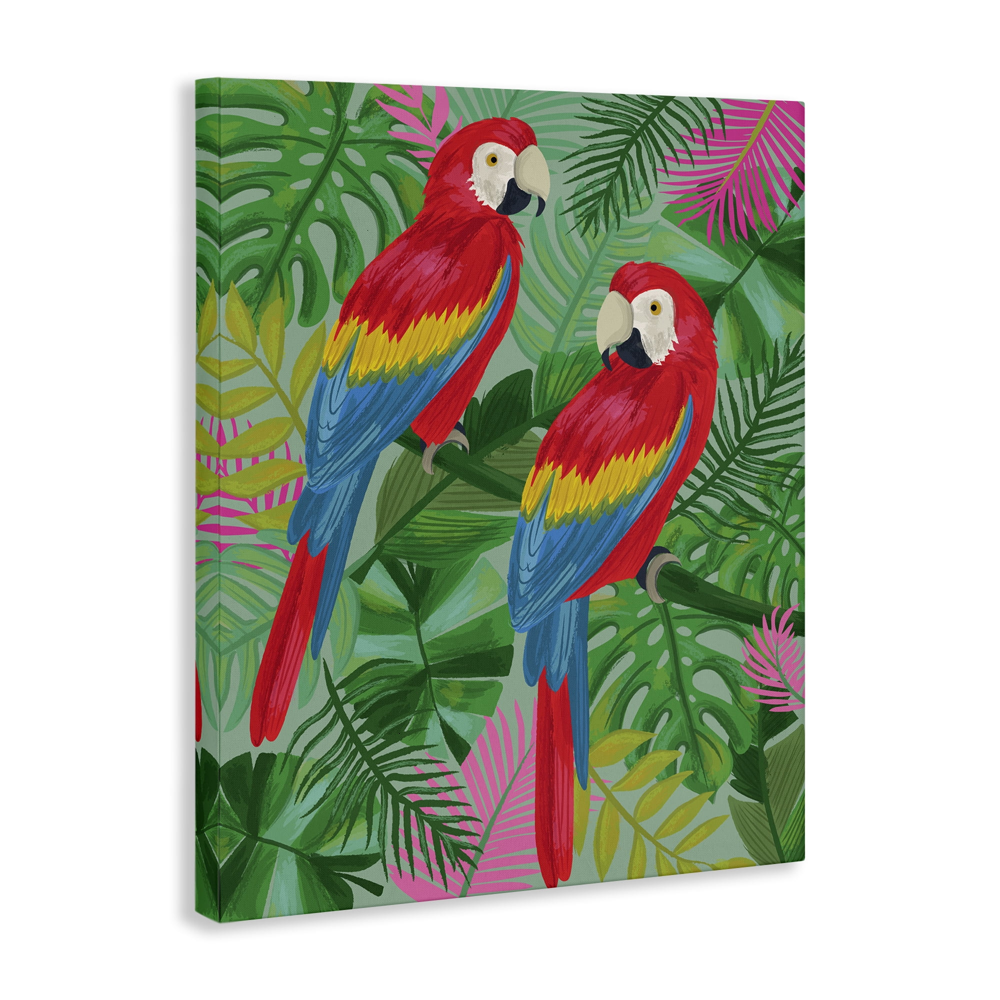 Stupell Industries Pink Paradise Parrots Animals Painting Wrapped Canvas Art Print Wall Art, 36 x 48