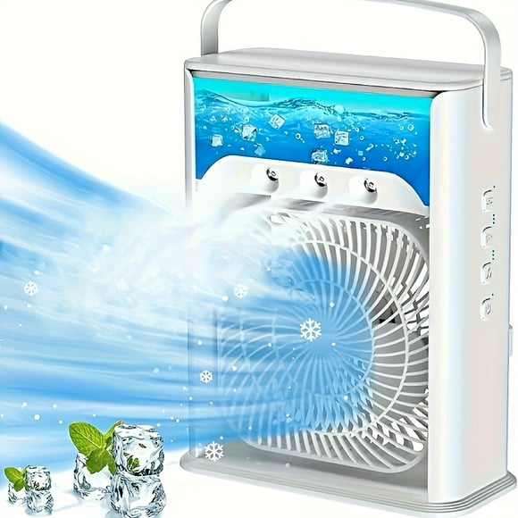 Portable Air Conditioner Fan, Mini Evaporative Personal Cooler with 7-Color LED Lights, 3 Wind Speeds and 3 Spray Modes, Suitable for Your Desk, Office, Room, Bedside Table or Coffee Table - Pack of 1
