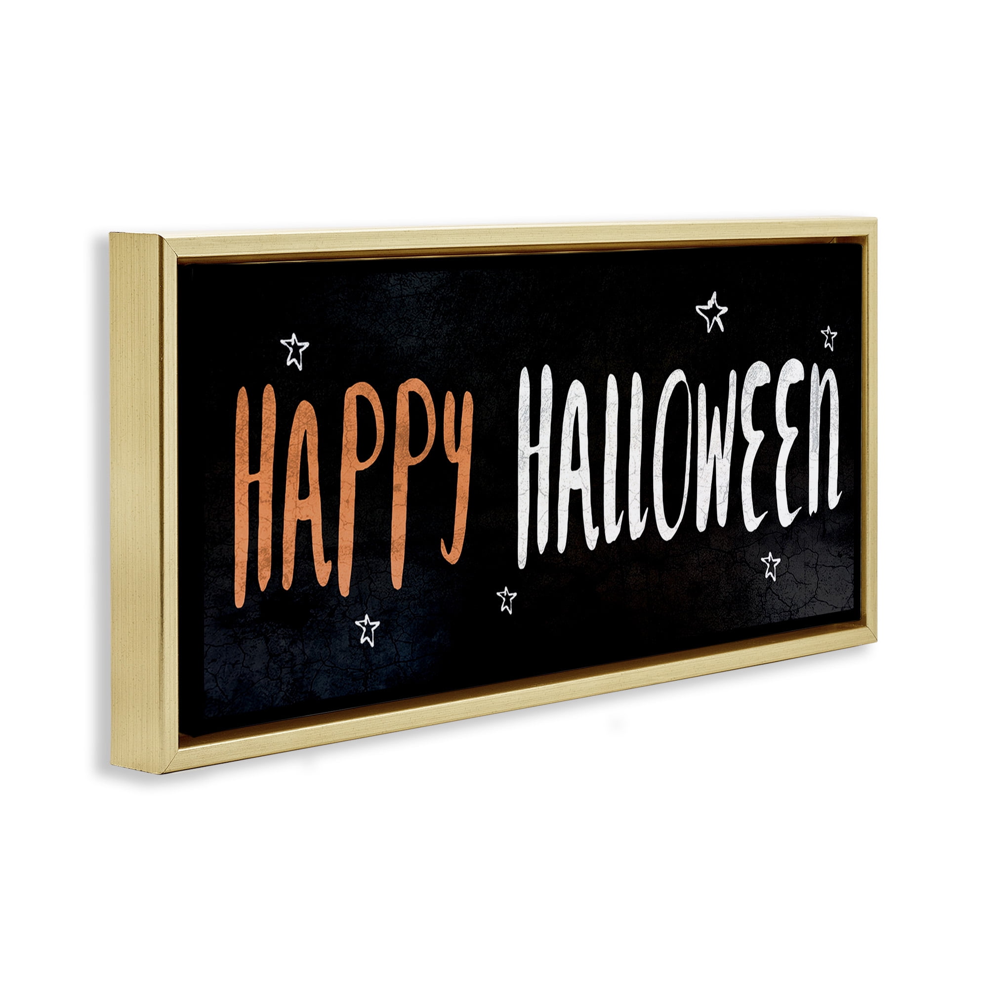 Stupell Industries Happy Halloween Spooky Stars Holiday Painting Gold Floater Framed Canvas Art Print Wall Art, 31 x 14