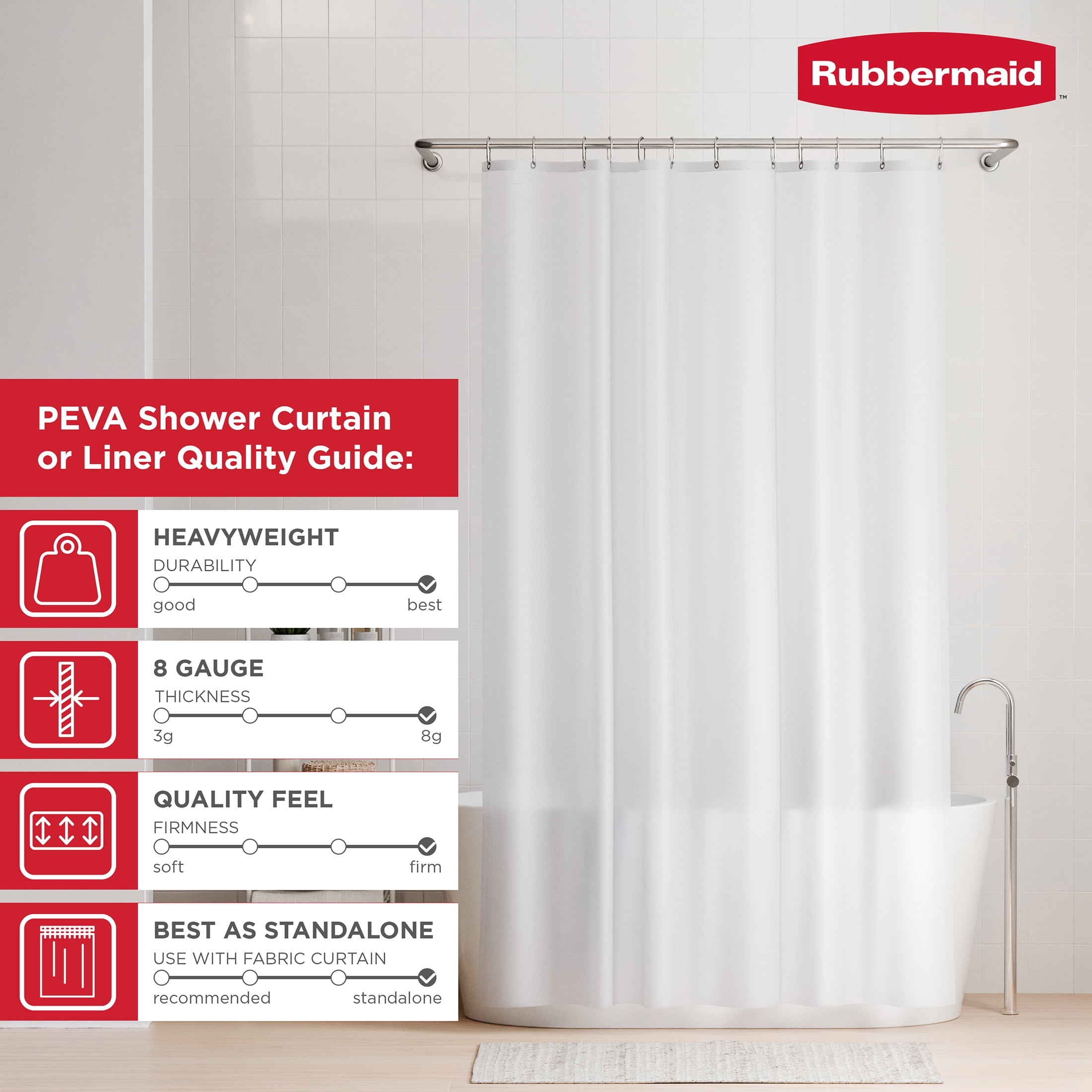Rubbermaid Frosty Heavyweight Waterproof PEVA Shower Curtain Liner, BPA-Free, 70 x 72 inches