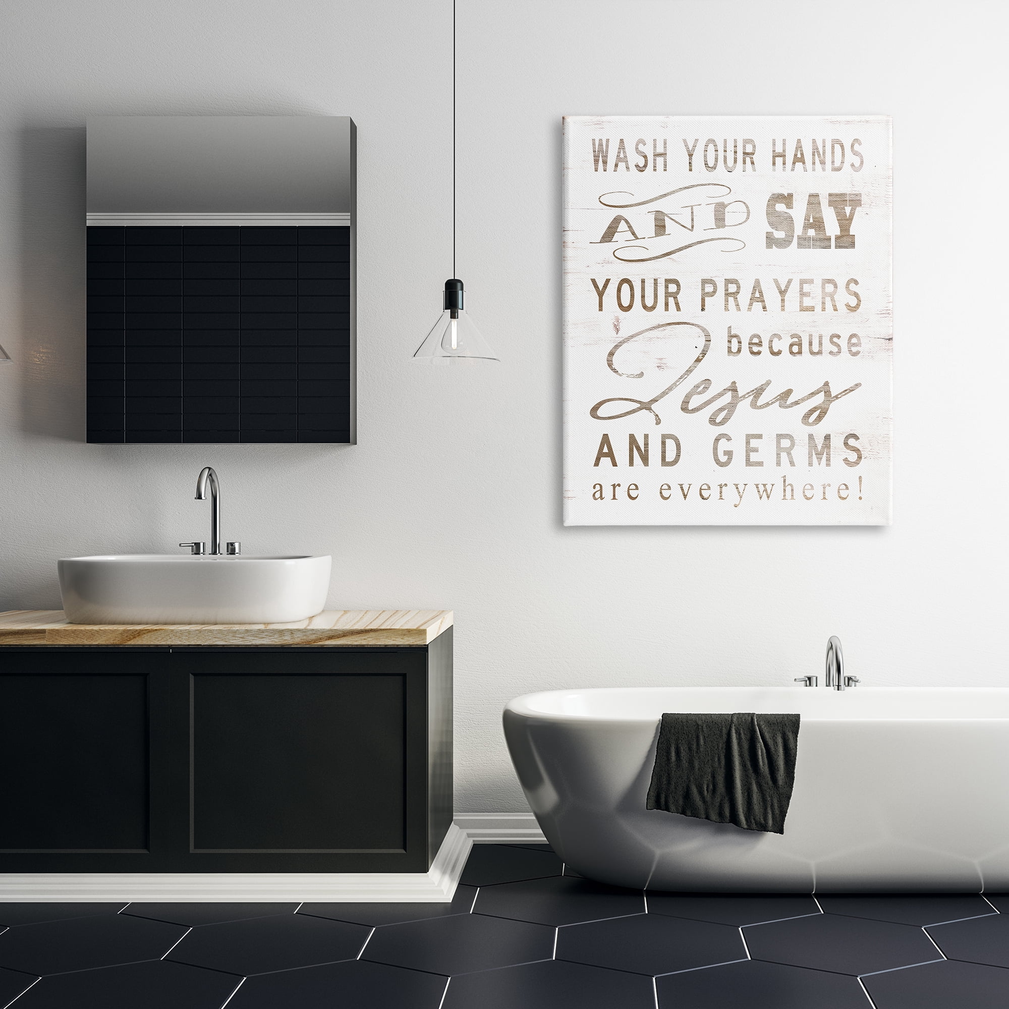 The Stupell Home Decor Collection White Wood Look Jesus And Germs Are Everywhere Wash Your Hands Sign Super Canvas Wall Art
