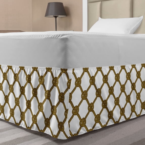 Nautical Bed Skirt, Rhythmic Abstract Net Ropes Cord with Knots on Plain Background, Elastic Bedskirt Dust Ruffle Wrap Around for Bedding Decor, 4 Sizes, Dark Mustard Umber, by Ambesonne