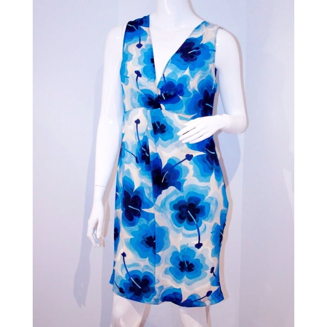 LOVE MOSCHINO Blue Cream Under Slip FLORAL Front TWIST Dress 100% Silk ( 42 )