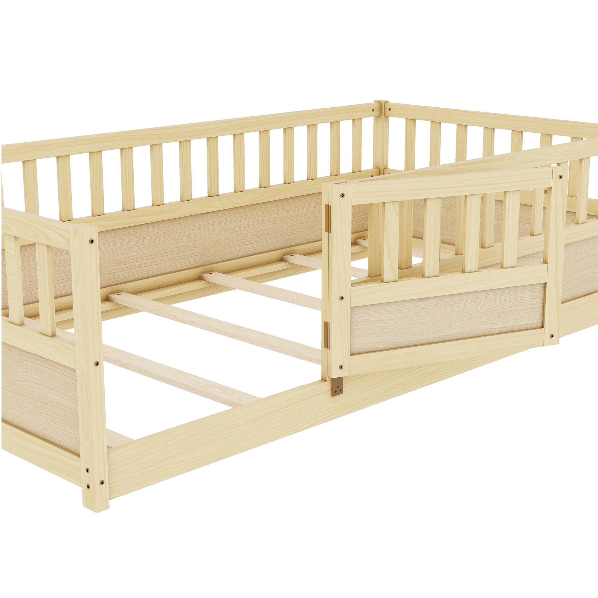 Kumix Floor Bed Twin Size with Door and Fence, Bed for Aged 1-3, Wooden Floor Bed with Safety Guardrails for Bedroom, Twin Floor Bed Frame for Girls & Boys, No Box Spring Needed, Natural