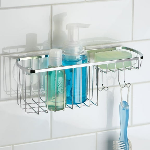 iDesign Gia 2 Shelf Polished Stainless Steel Bathroom Suction Combo Organizer Basket - 11" x 4.25" x 4"