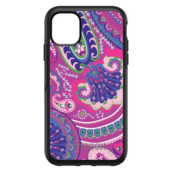 DistinctInk OtterBox Symmetry Custom Case for Apple iPhone 15 (6.1" Screen) - Pink Purple Green Paisley - Raised Bezel Screen Guard