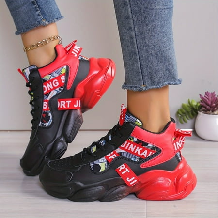 

Women s Colorblock Casual Sneakers Lace Up Comfy Breathable High-top Trainers Platform Basketball Shoes