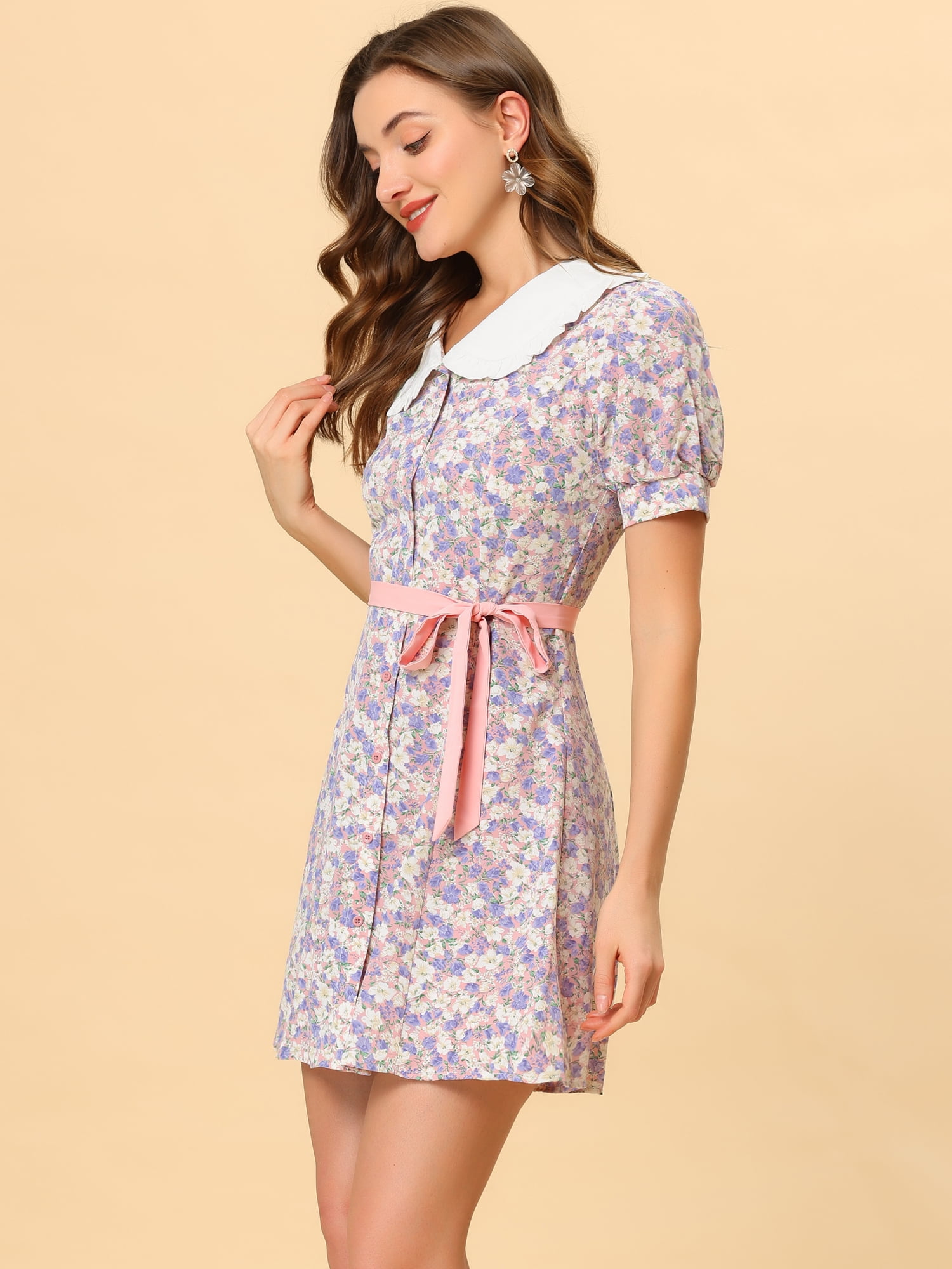 DARING DIVA Doll Collar Floral Bow Tie Short Sleeve A-line Dresses S Pink