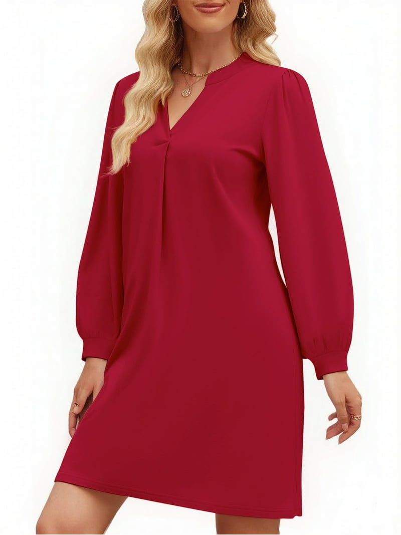 Uvn Dresses for Women Long Sleeve V Neck Dress Fall Casual Midi Dress