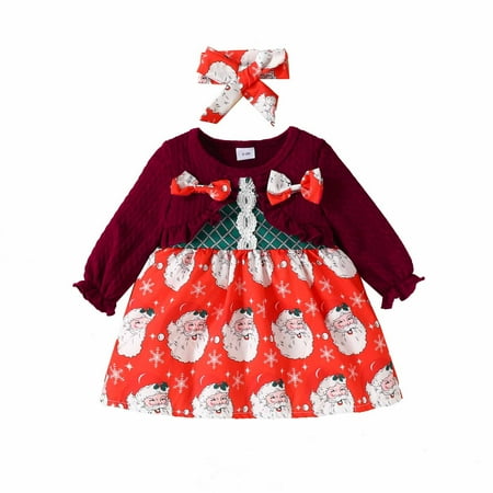 

Dezsed My 1St Christmas Autumn Winter Baby Girl Bow Knot Long Sleeve Santa Claus Dress Fake Two Pieces + Headband Skirt Girls Outfit Sets 3-24 Months