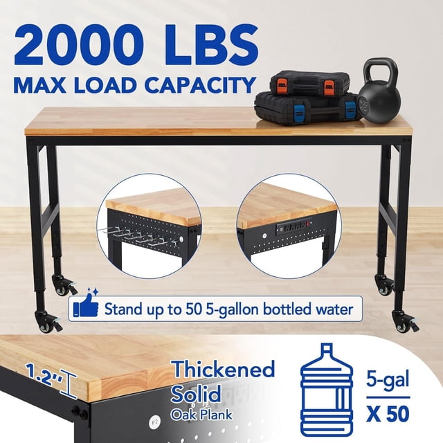 EastVita 72X25 Inch Adjustable Workbench, Heavy-Duty Table with Power Outlet & 2000 Lbs Load Capacity for Workshop, Black
