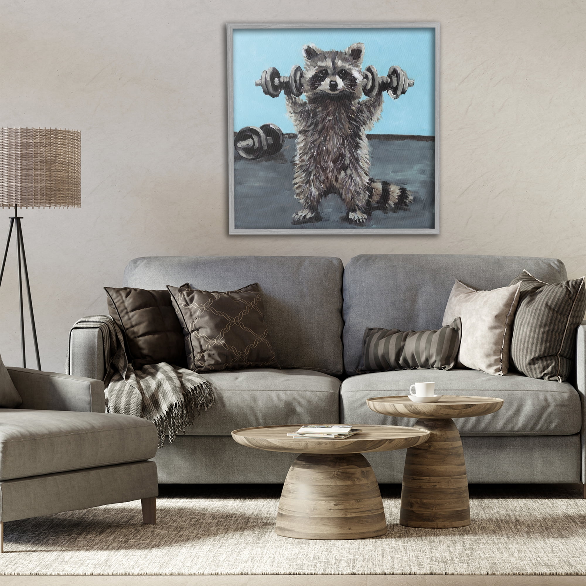 Fitness Raccoon with Weights Gray Framed Giclee Art, design by Studio Bautista