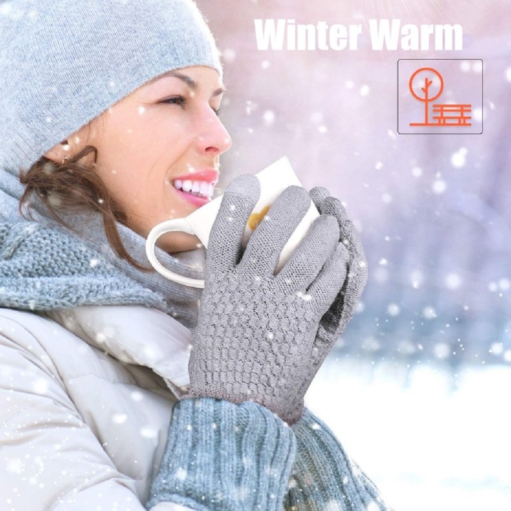 2 Pairs Women Touchscreen Gloves Winter Warm Fleece Lined Knit Gloves Elastic Cuff Winter Texting Gloves Gifts