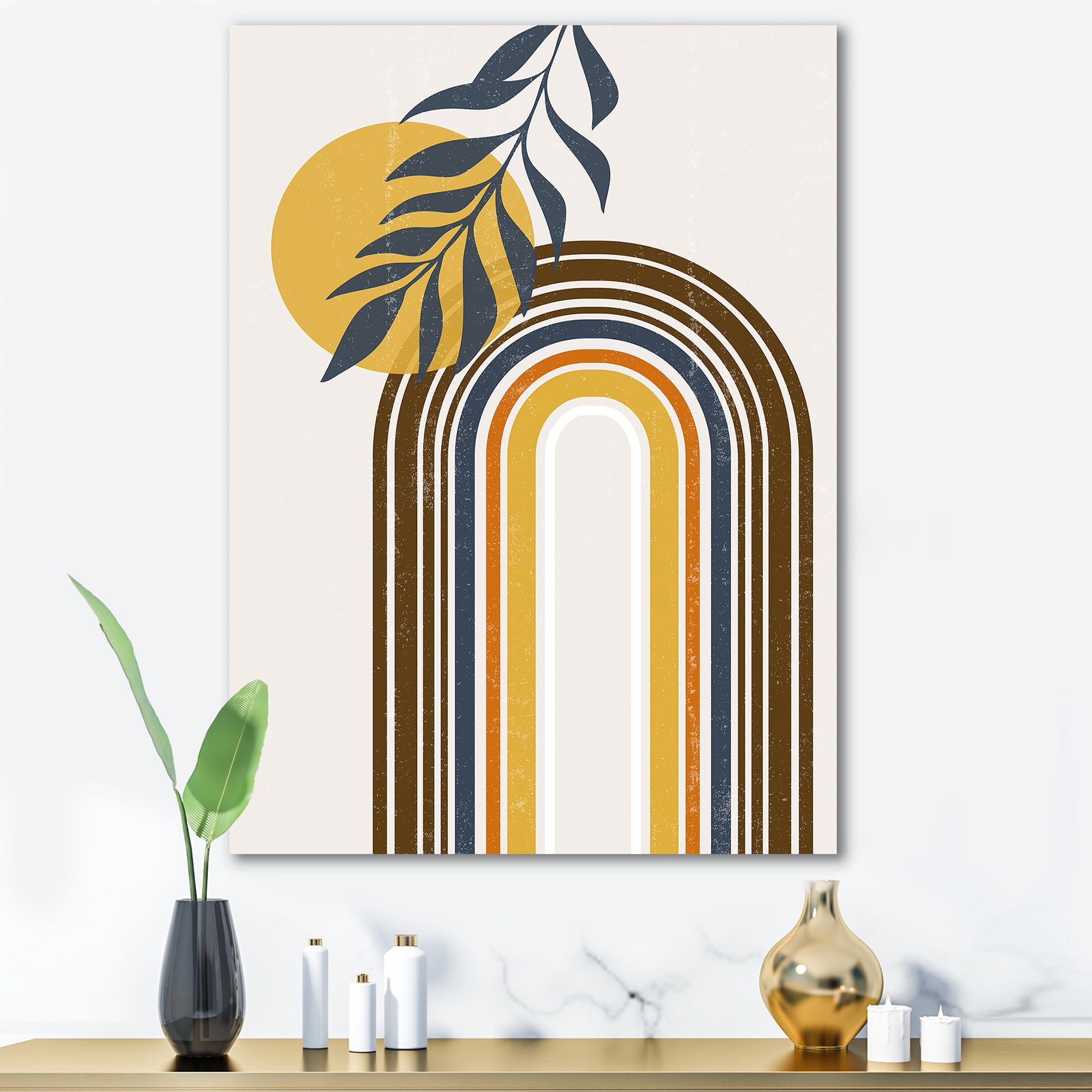 Designart ' Abstract Moon Sun Leaves II ' Modern Canvas Wall Art Print