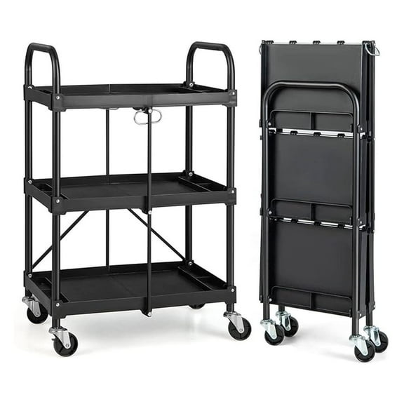 Folding Service Cart with Wheels, Heavy Duty Metal 3 Tier Foldable Utility Cart w/Universal Wheel & Compartments, Collapsible Tool Push Cart for Home Garage Office
