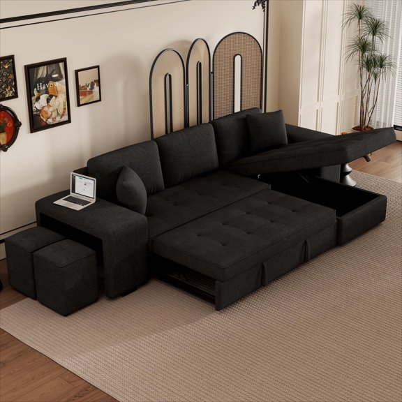 FFZ 105"L L-Shaped Sectional Sofa Bed with Storage Chaise and 2 Stools, Charcoal grey