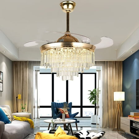 

AFANQI 42 Crystal Invisible Fandelier Remote Control 3 Speed 3 Color Ceiling Fan with Light Gold Finish Metal Chandelier with Fan for Living Room Bedroom