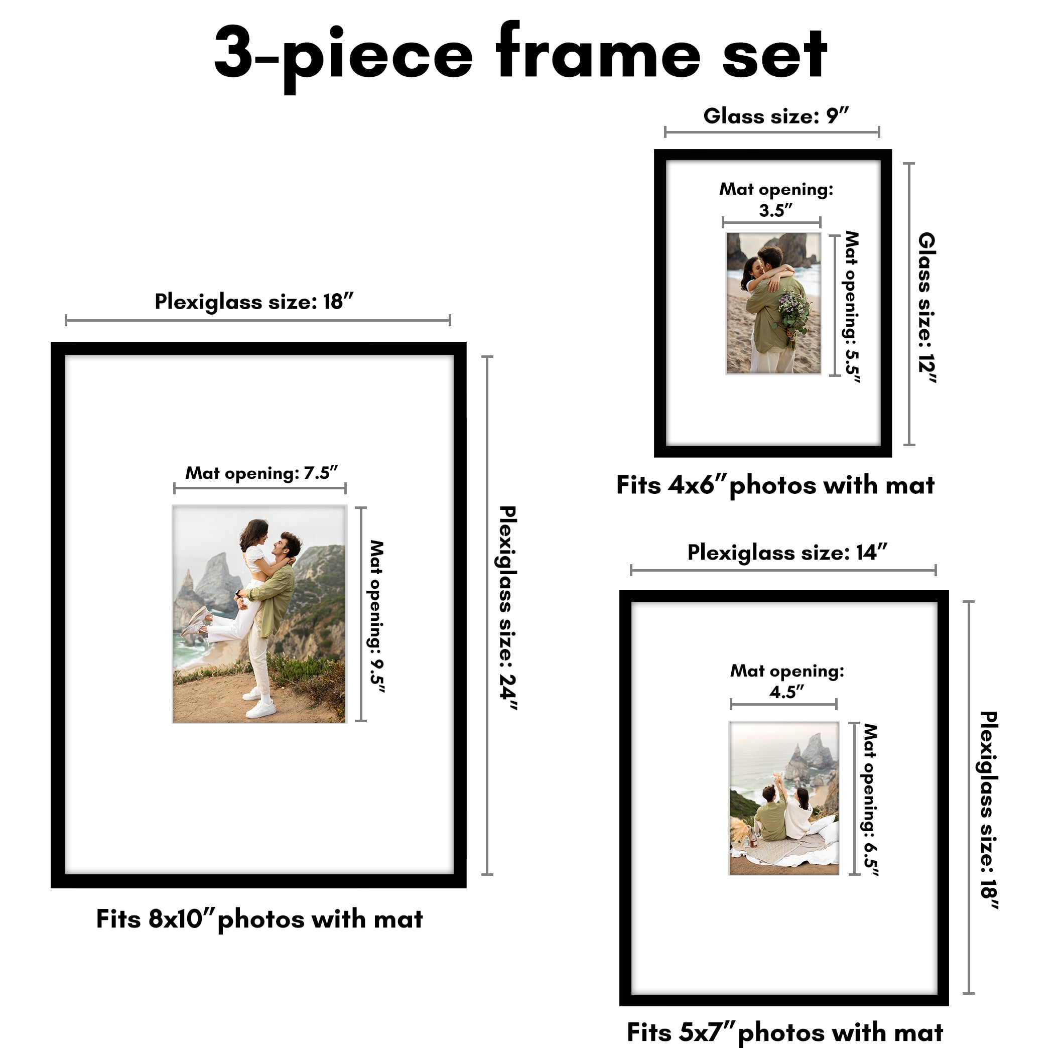 Americanflat Set of 3 Picture Frames - Gallery Wall Frame 1 with 18x24 with 8x10 Mat 1with 11x14 with 5x7 Mat 1 with 9x12 with 4x6 Mat - Black