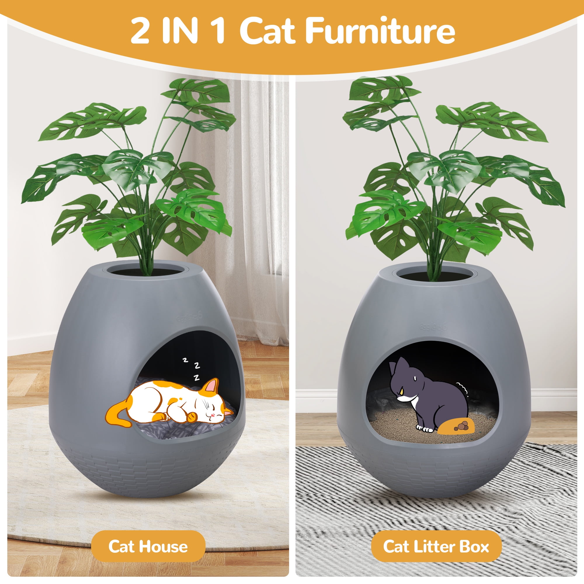 COZIWOW Hidden Cat Litter Box with Artificial Plants Cat Litter Mat Scoop DIY Litter Box Furniture, Gray