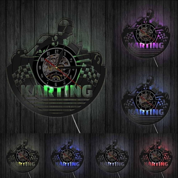 Go Kart Vintage Vinyl Record Wall Clock Modern Karting Decor Sport Time Clock Wall Watch Art Unique Gift Idea For Karting Racers With LED