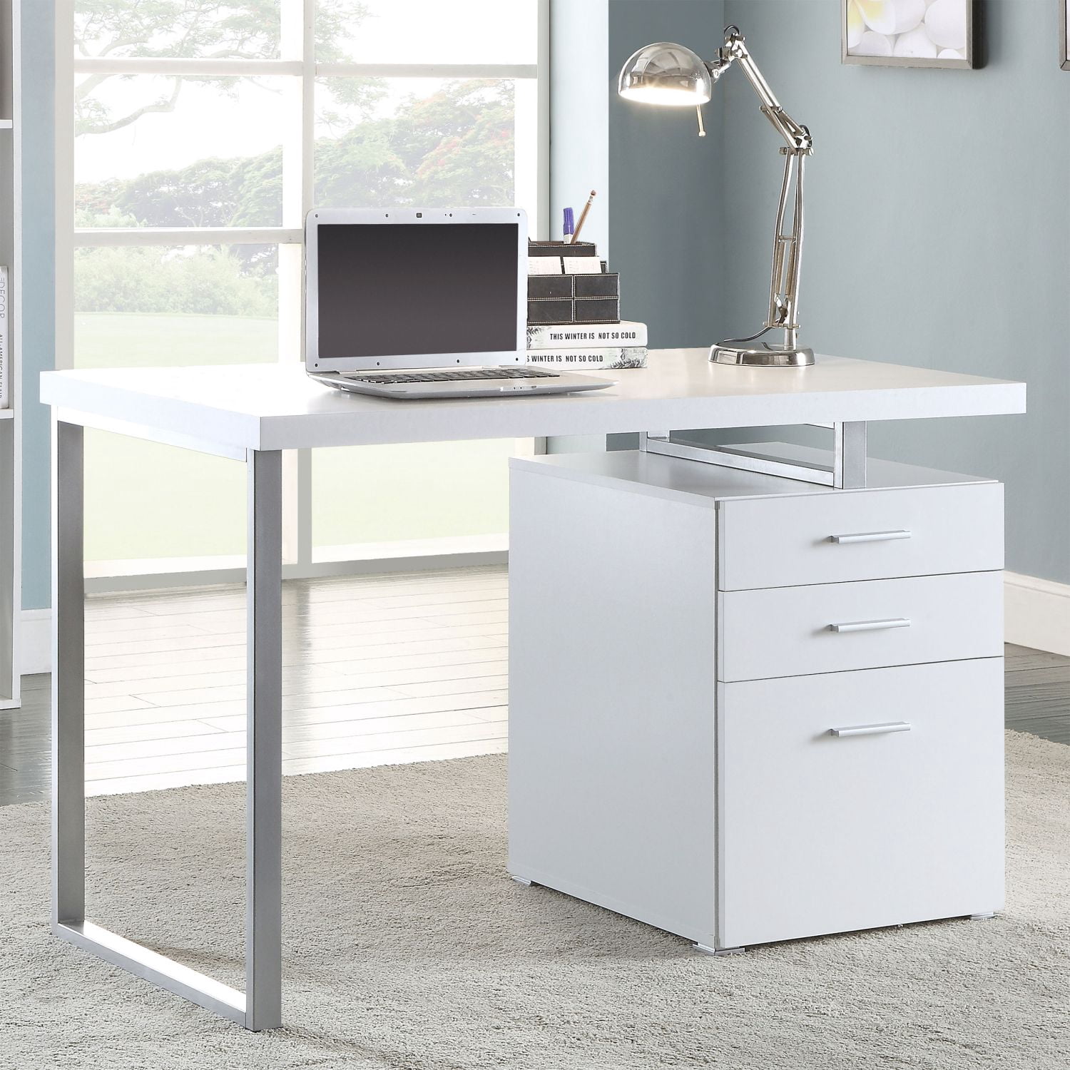 Asteroutdoor White 3-Drawer Reversible Office Desk with Filing Cabinet