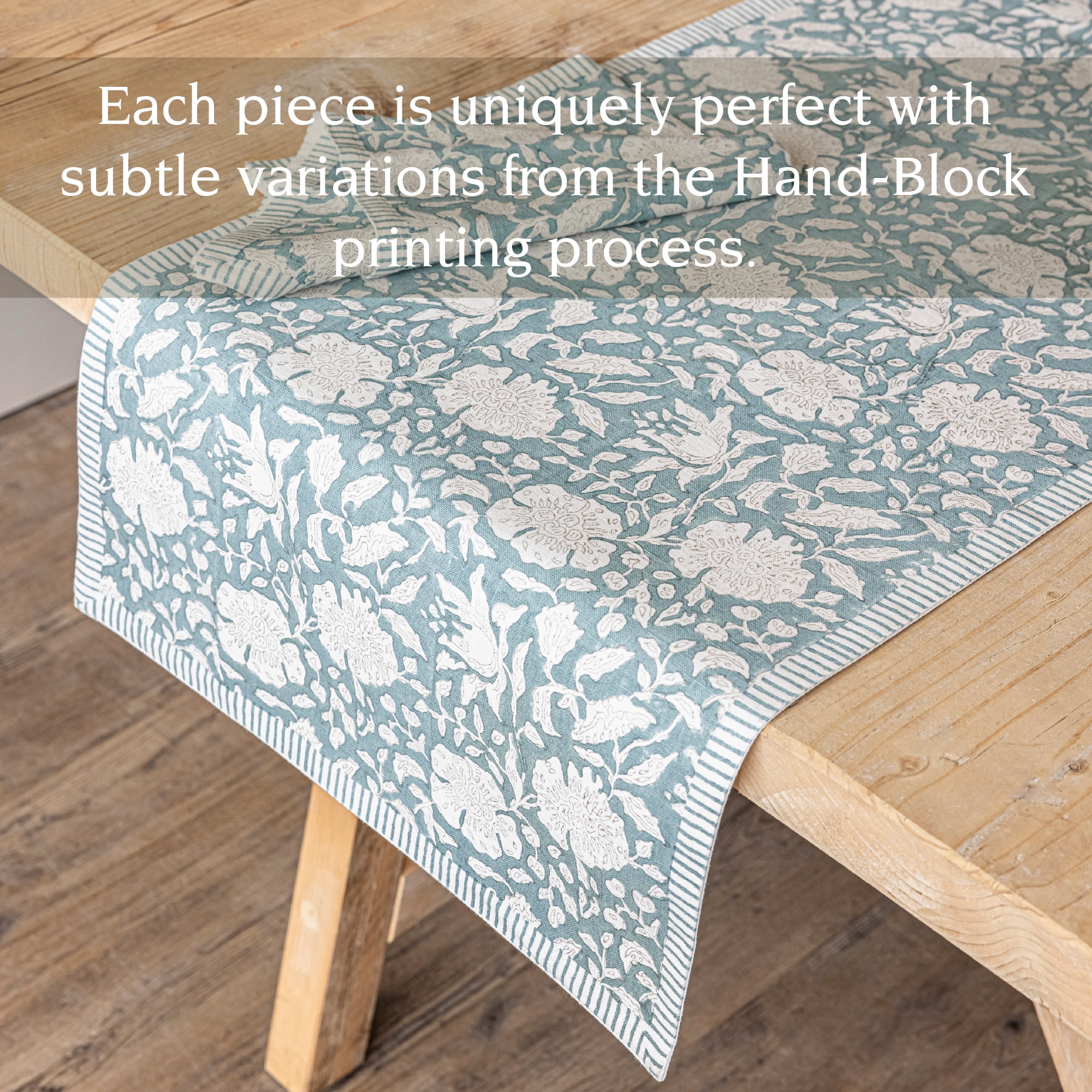 over&back 18x90 Hand-Blocked Printed Cotton Table Runner - Washable Table Runners for a Custom Home Decor Tablescape - Perfect for Coffee Table, Dinner Table, Living Room, and More - Blue Floral