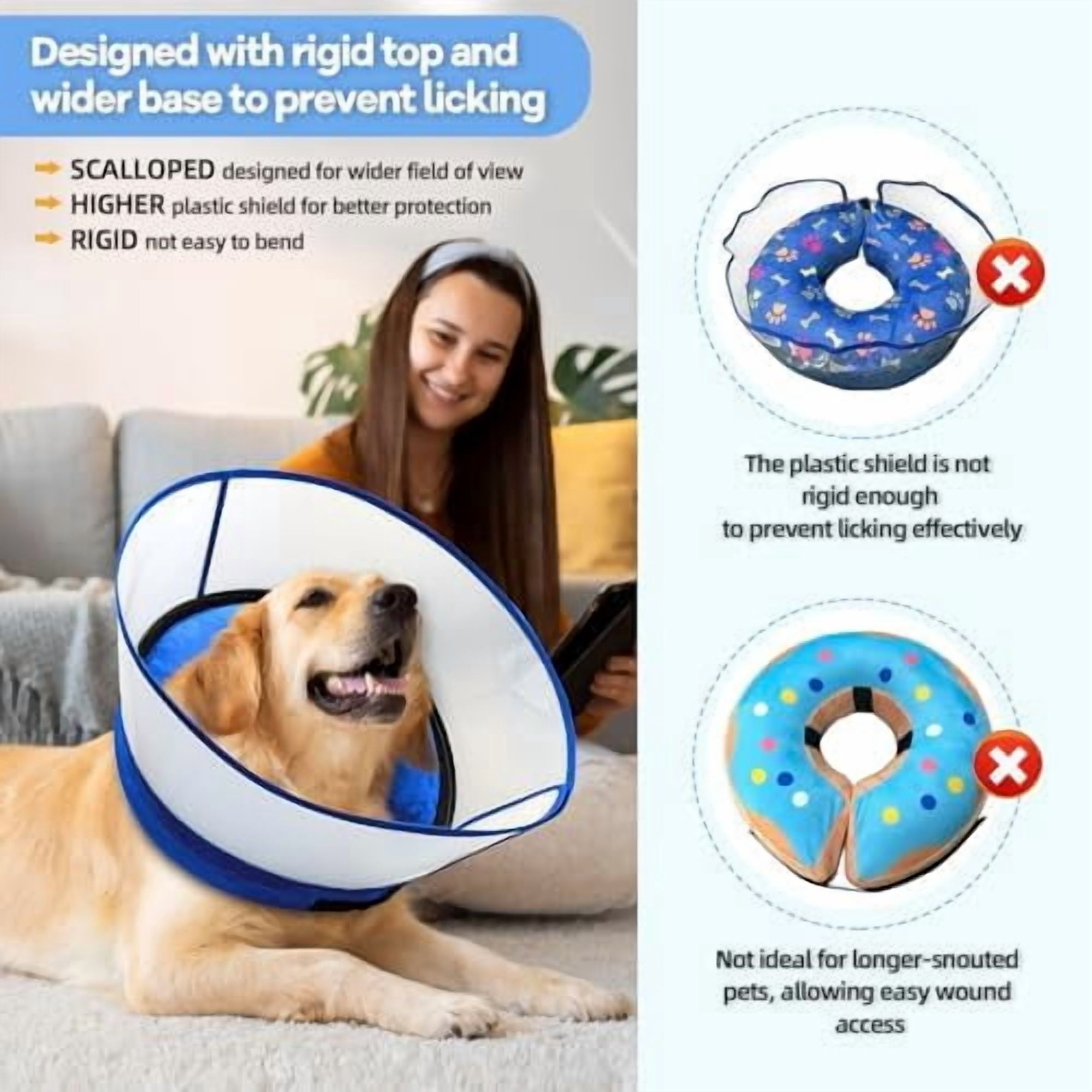 2-in-1 Upgraded Inflatable Dog Cone Collar with Detachable Anti-Licking Shield, Soft Adjustable Elizabethan Collar for Dogs After Surgery (M, Blue)