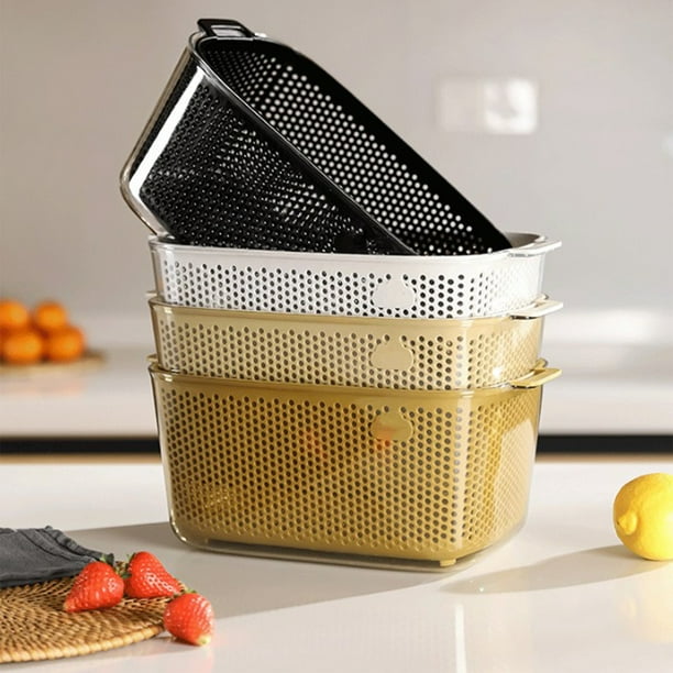 Colador y cesta de almacenamiento de doble capa con tapa - Lavabos de plástico de frutas de verduras de 34,5x23x15cm - Escurridor portátil para pasta, ensalada y picnic