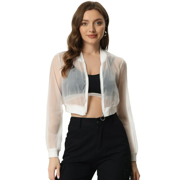 Chaqueta Bomber corta Allegra K ligera con cremallera Blanco XL